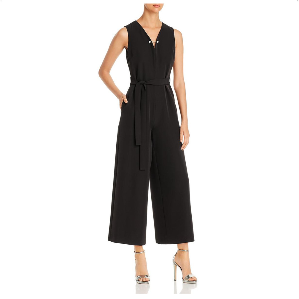 T Tahari | NWT Black Grommet V-Neck Wide Leg Jumpsuit Size 2